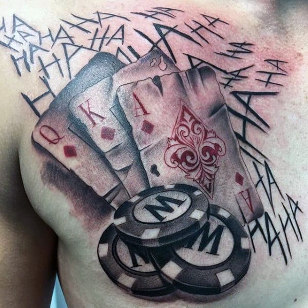 Mens Upper Chest Shaded Playing Card With Poker Chips Tattoo