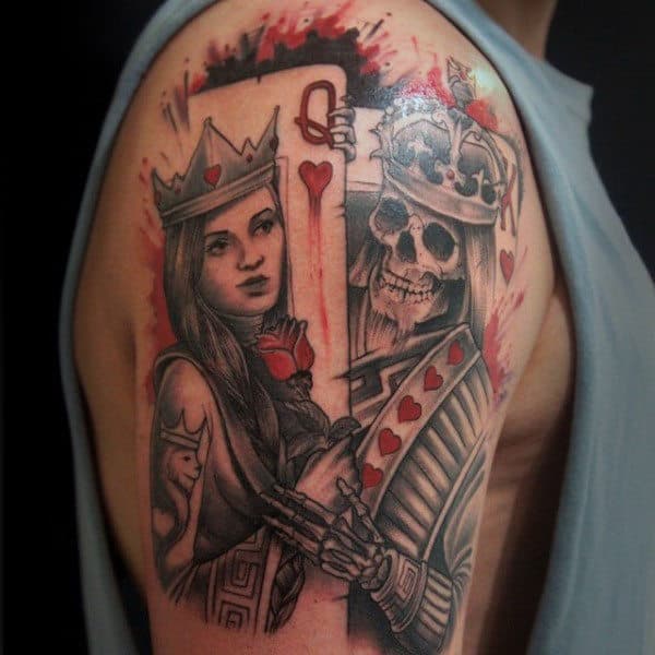 Mens Watercolor King And Queen Playing Card Upper Arm Tattoo