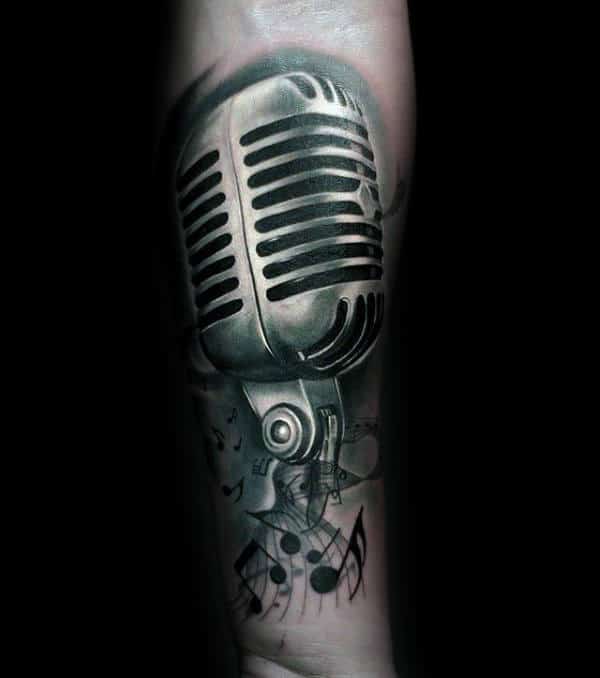 Microphone Music Note Tattoo For Gentlemen On Forearm