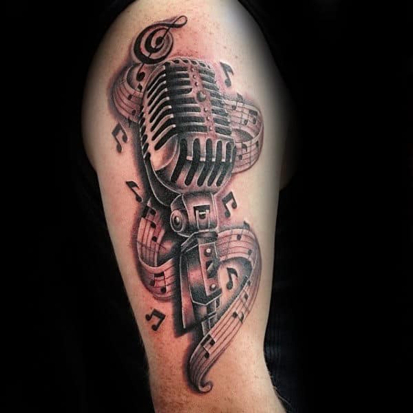 Microphone Music Notes Mens Upper Arm Tattoo Ideas