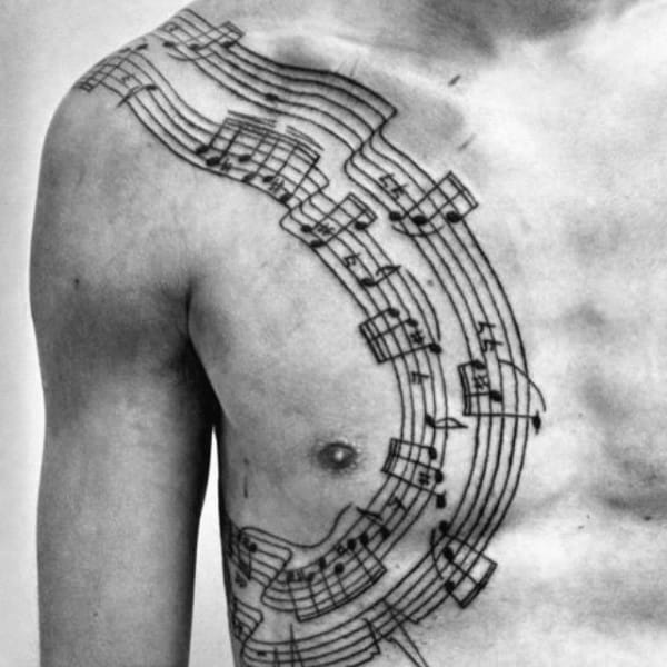 Music Note Mens Chest And Ribs Tattoo