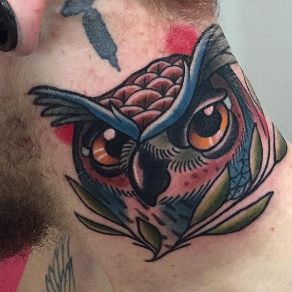 Neo Traditional Incredible Owl Neck Tattoos For Men