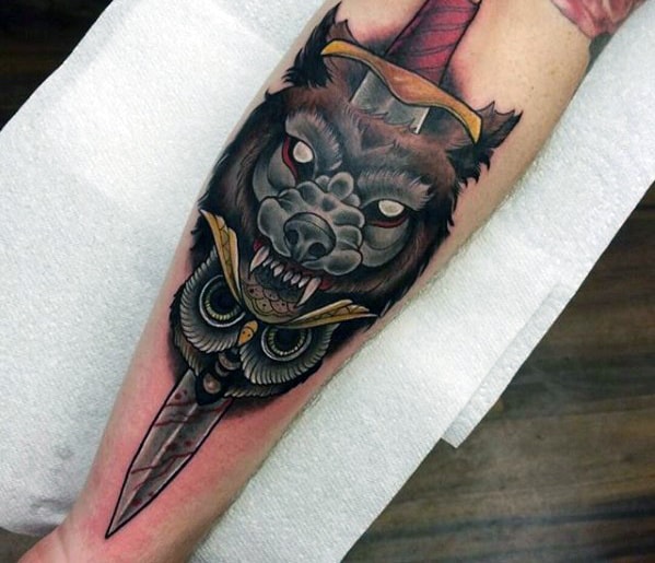 Neo Traditional Owl With Wolf And Dagger Guys Outer Forearm Tattoo