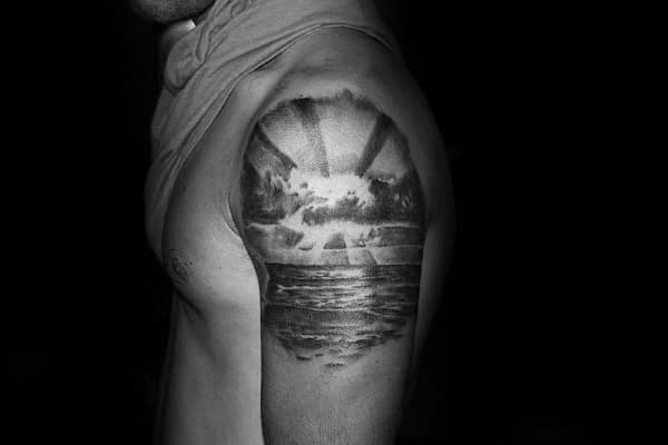 Ocean Beach Rising Sun Mens Quarter Sleeve Tattoo