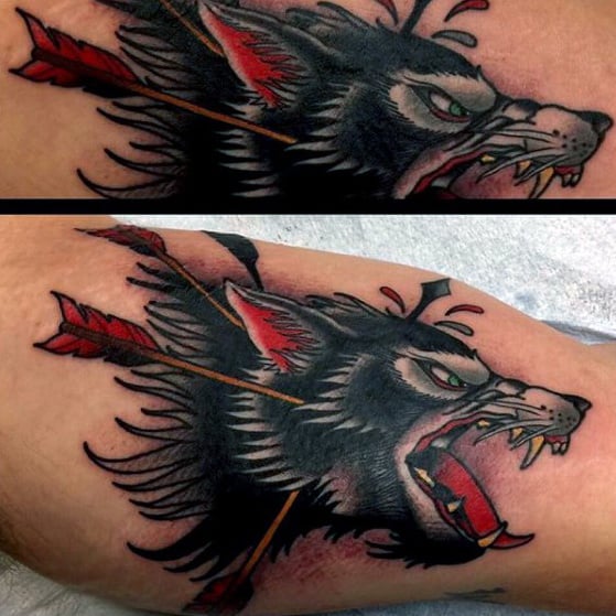 Old School Traditional Mens Wolf Arroows Inner Arm Bicep Tattoo