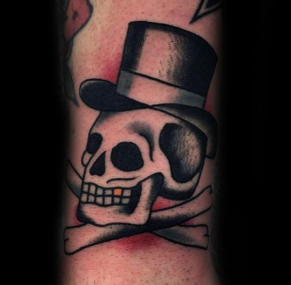 Old Scool Traditional Forearm Mens Skull With Top Hat Tattoo Design Inspiration