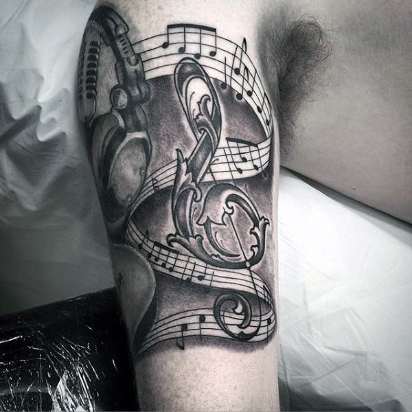 Ornate Music Note Headphones Guys Inner Arm Tattoos