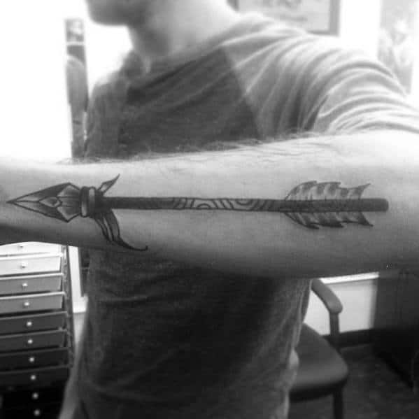 Outer Forearm Traditional Retro Guys Shaded Arrow Tattoo Design Ideas