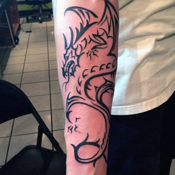 Outline Black Ink Male Tribal Dragon Wrist Tattoos