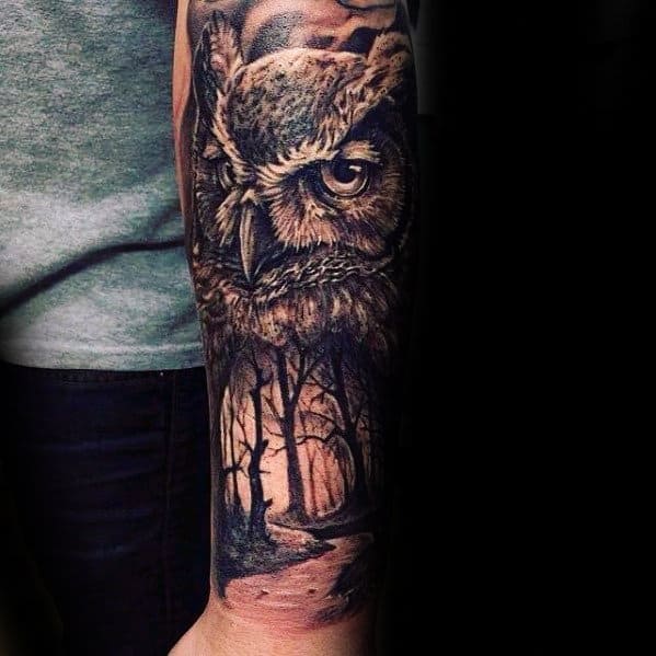 Owl With Forest Nature Scene Forearm Tattoos For Guys