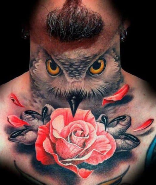 Owl With Rose Flower Realistic 3d Neck Mens Tattoo Designs