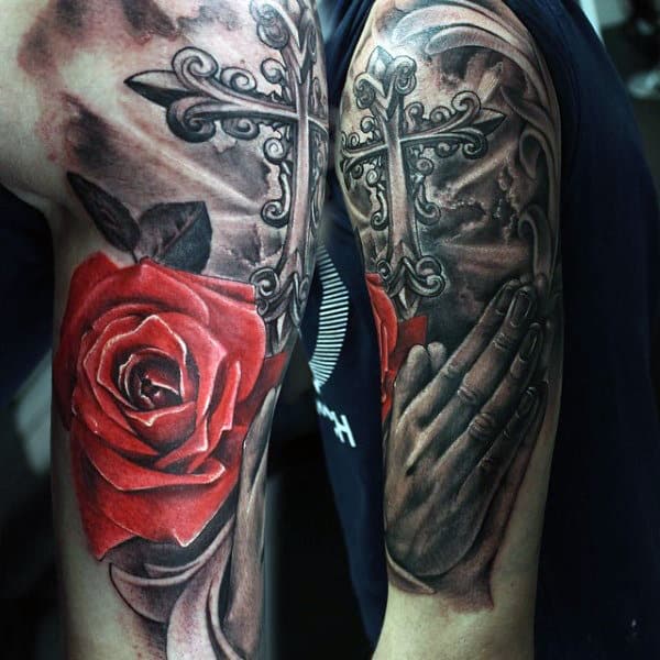 Praying Hands With Roses Tattoo Designs For Guys In Red Ink