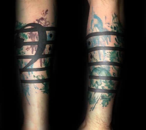 Quarter Sleeve Music Note Watercolor Black Lines Mens Tattoo Ideas On Forearm