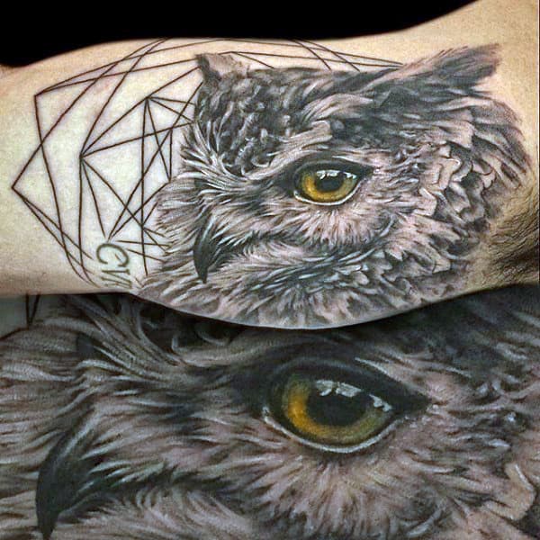 Realistic Grey Owl Tattoo On Man With Yellow Eyes