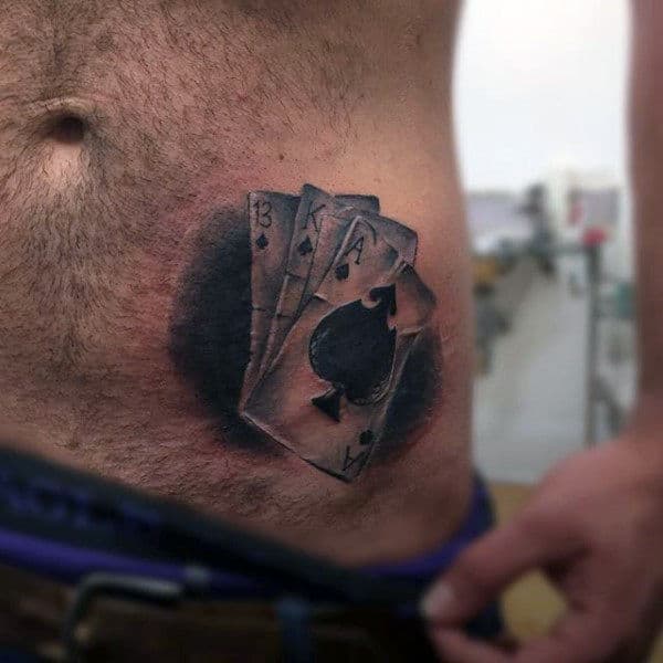 Realistic Guys Black Ink Playing Card Lower Ribs Tattoo