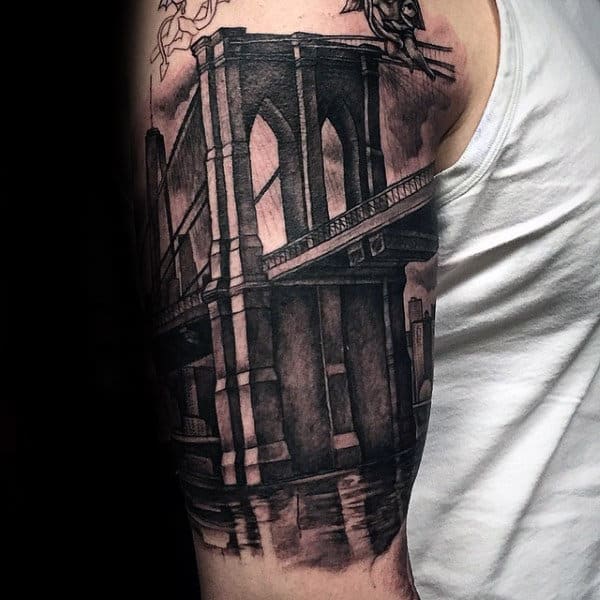 Realistic Mens Brooklyn Bridge 3d Tattoo Half Sleeve