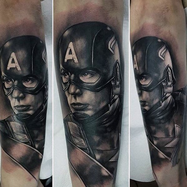 Realistic Shaded Black And Grey Ink Captain America Arm Tattoo On Male