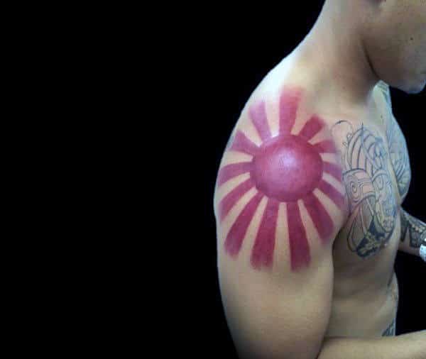 Red Ink Shoulder Rising Sun Tattoo On Gentleman
