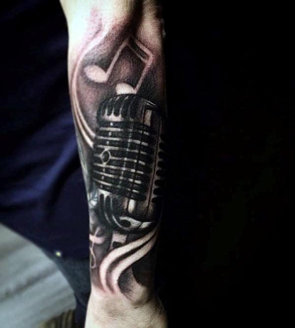 Reflective Music Note Microphone Mens Forearm Sleeve Tattoo