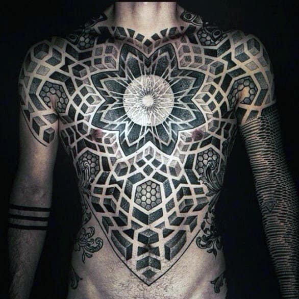 Sacred Geometry Dot And Line Work Mens Chest Tattoo