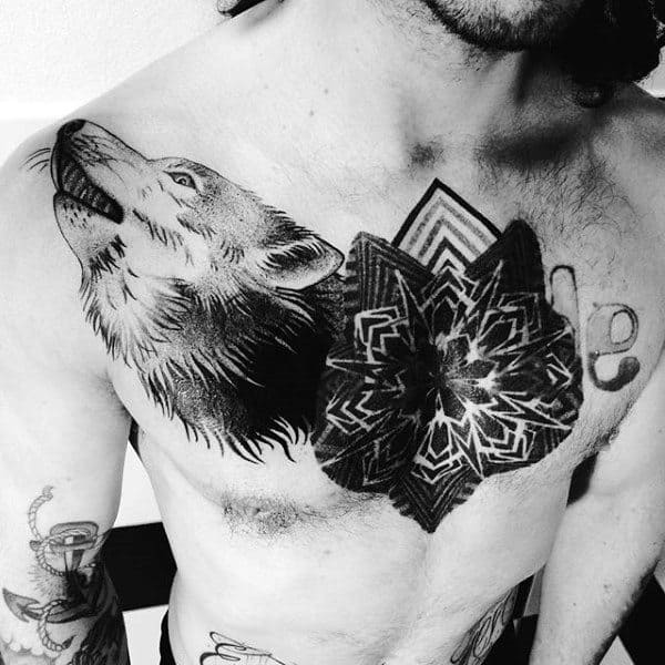 Sacred Geometry Tattoo Inspiration For Men On Chest With Wolf Design
