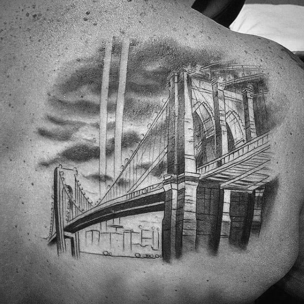 Shaded Black And Grey Brooklyn Bridge Mens Upper Back Tatto