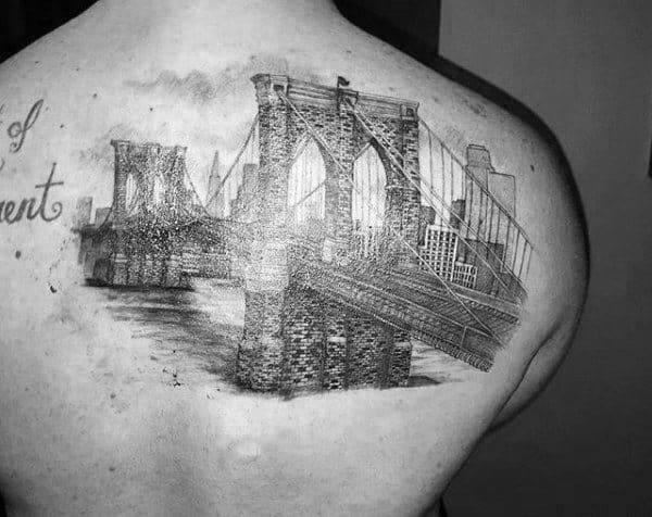 Shaded Brooklyn Bridge Upper Back Tattoo On Gentleman