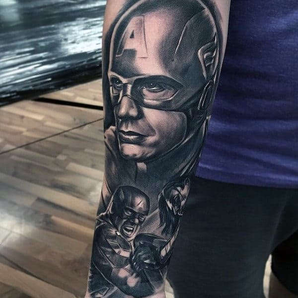 Shaded Grey Captain America Sleeve Male Tattoos