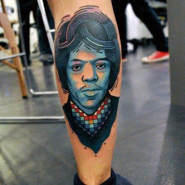 Sharp Jimi Hendrix Male Back Of Leg Tattoo Ideas