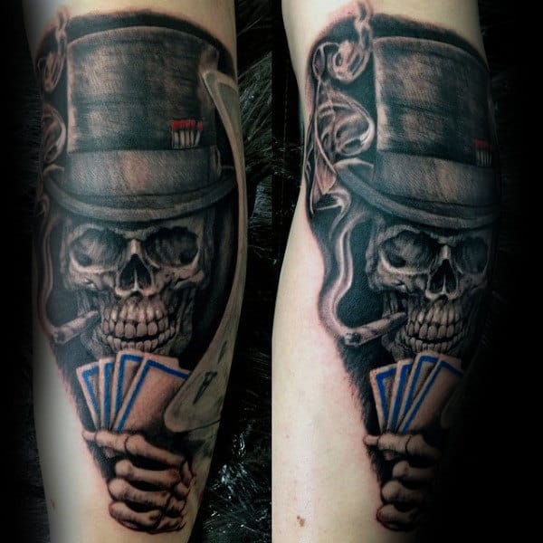 Skeleton Holding Playing Cards Mens Arm Tattoo