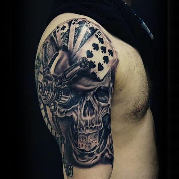 Skull Playing Card Shaded Black And Grey Male Tattoo Ideas