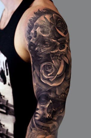 Skull Rose Sleeve For Mens Tattoos