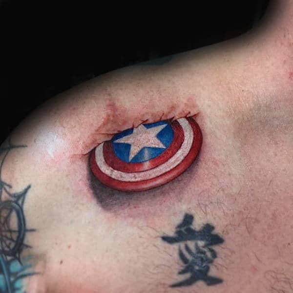 Small Captain America Shield In Skin 3d Mens Collar Bone Tattoo