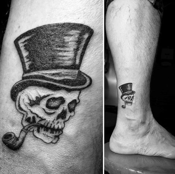 Small Lower Leg Mens Skull With Top Hat Tattoo Design Ideas