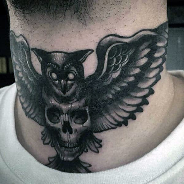 Small Realistic Owl Tattoos For Gentlemen On Neck