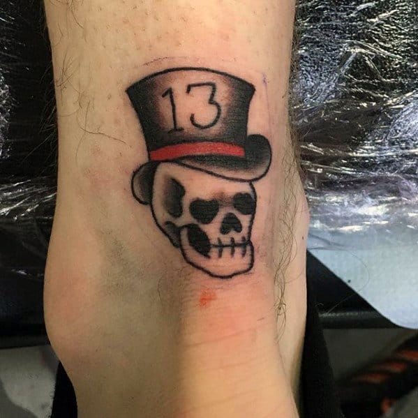 Small Traditional Lower Leg Skull With Top Hat Guys Tattoos