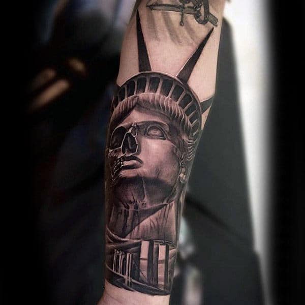 Statue Of Liberty Skull With Brooklyn Bridge Guys Forearm Tattoo