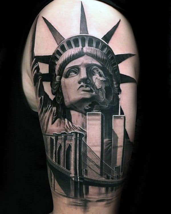 Statue Of Liberty With Skyline And Brooklyn Bridge Mens Nyc Tattoos On Arm