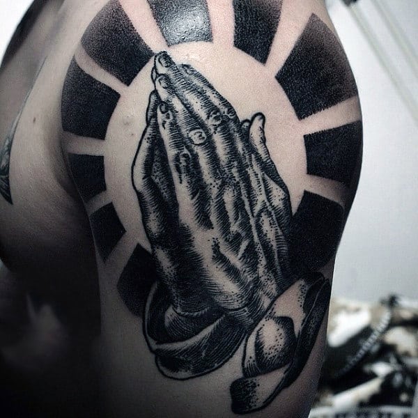 Sun Rays Arm Praying Hands Arm Tattoo For Men