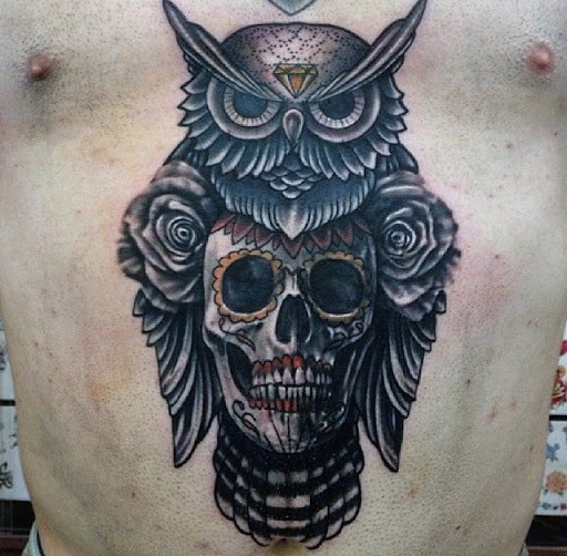Tattoo Of Owls For Men With Skulls On Stomach