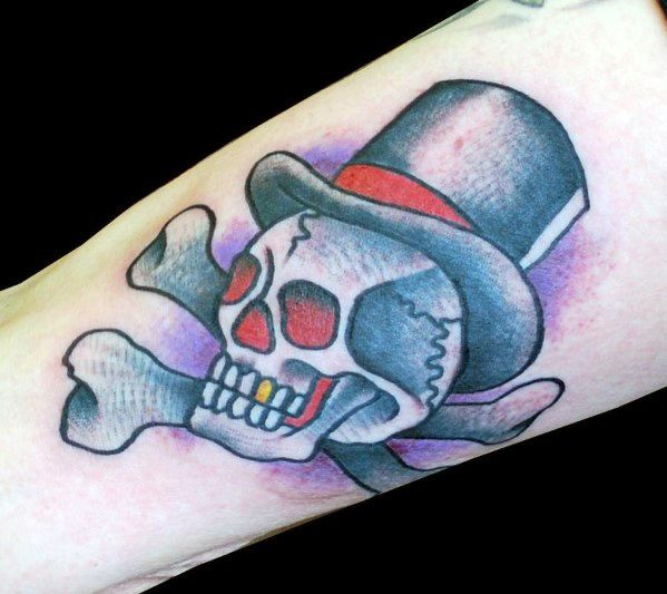 Traditional Forearm Male Skull With Top Hat And Crossbones Tattoo Design Inspiration