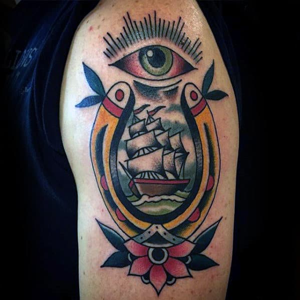 Traditional Guys Ship With Horseshoe And All Seeing Eye Arm Tattoo