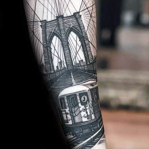 Train Brooklyn Bridge Mens Forearm Tattoo