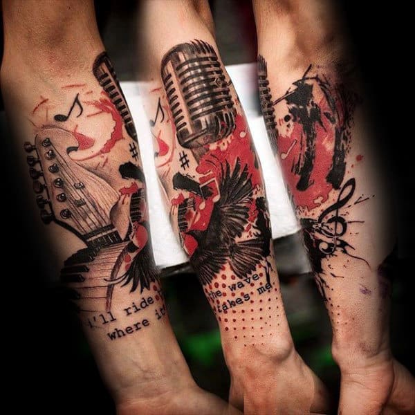 Trash Polka Music Note Microphone Mens Forearm Tattoos