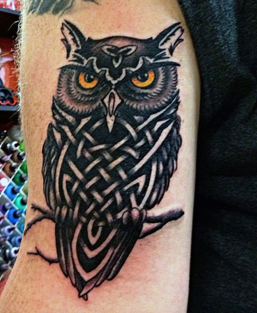 Tribal Owl Head Guy's Tattoo