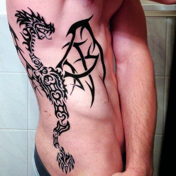 Tribal Rib Cage Side Dragon Male Tattoos