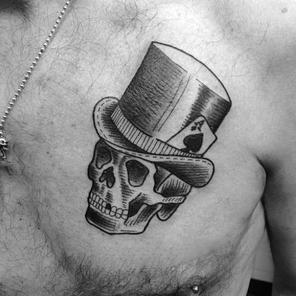 Unique Mens Skull With Top Hat Tattoos On Upper Chest