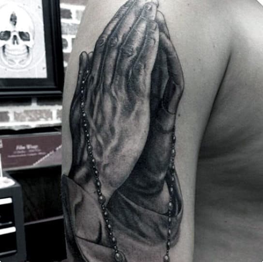 Upper Arm Mens Pray Hands Tattoo