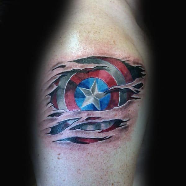 Upper Arm Shield Captain America Tattoo On Man