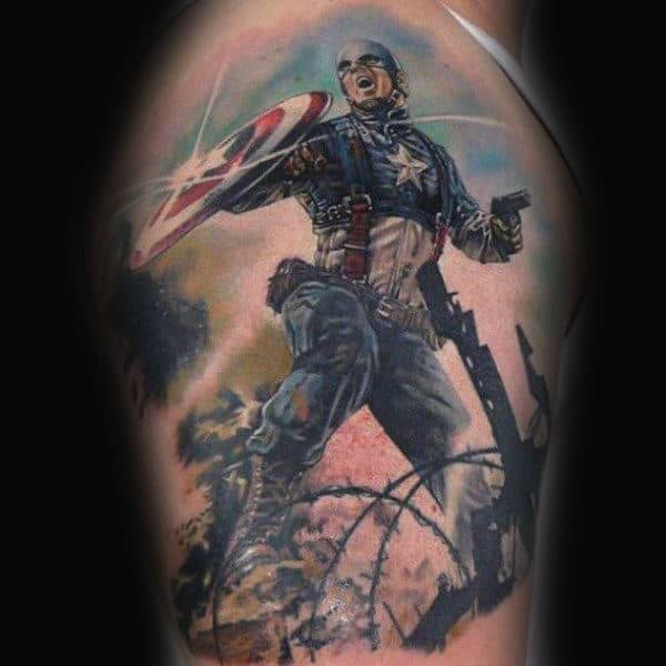 Upper Arm Superhero Captain America Guys Tattoo Ideas